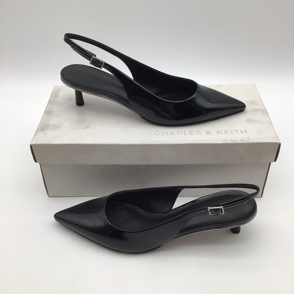 Charles & Keith Black Patent Slingback Kitten Heels Pointed Toe Size 6 EU 36 NEW